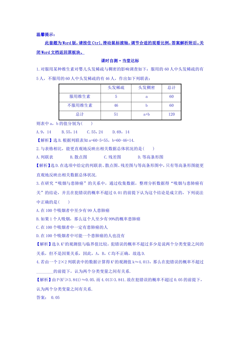 高中数学人教版选修1-2课时自测 当堂达标：1.2 独立性检验的基本思想及其初步应用 精讲优练课型 Word版含答案.doc_第1页