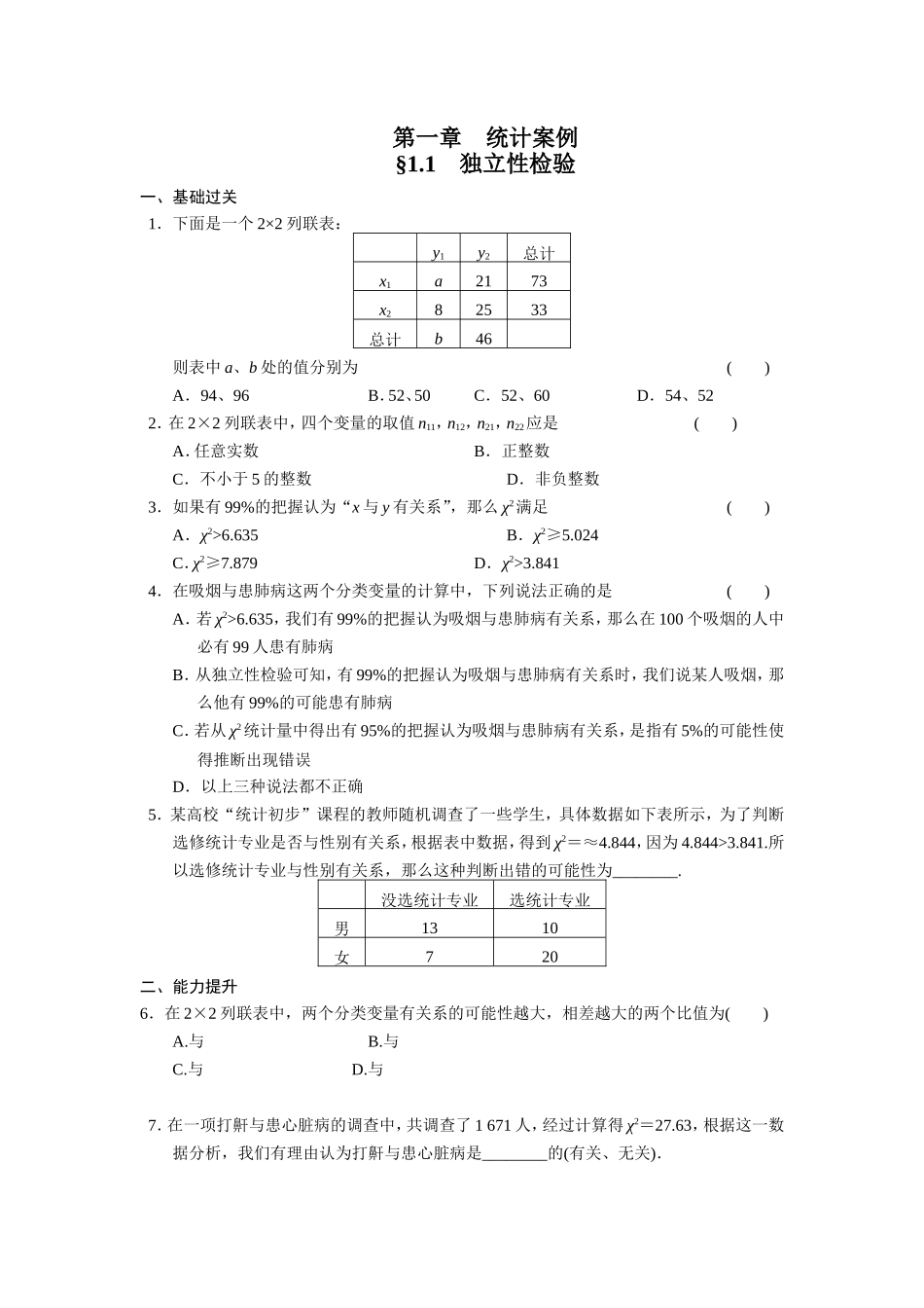 高二数学人教选修1-2同步练习：1.1 独立性检验 Word版含解析.doc_第1页