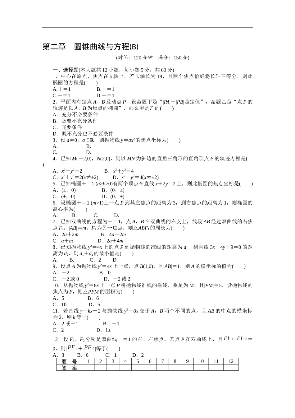 高中数学（人教版A版选修2-1）配套课时作业：第二章　圆锥曲线与方程单元检测（B卷） Word版含答案.docx_第1页