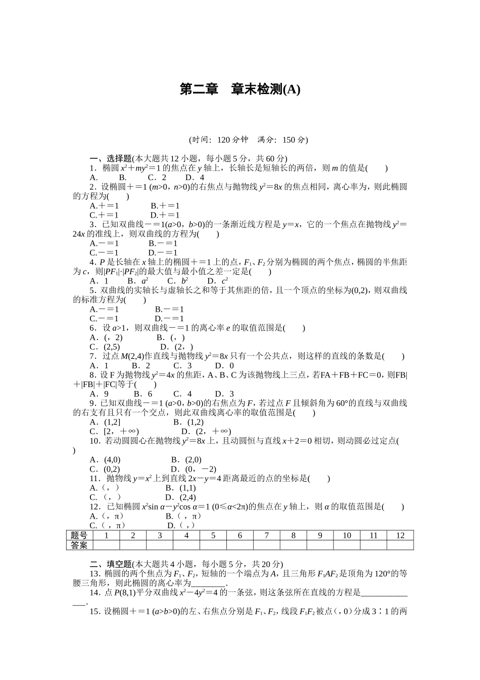 人教a版数学【选修1-1】作业：第二章《圆锥曲线与方程》章末检测（a）（含答案）.doc_第1页