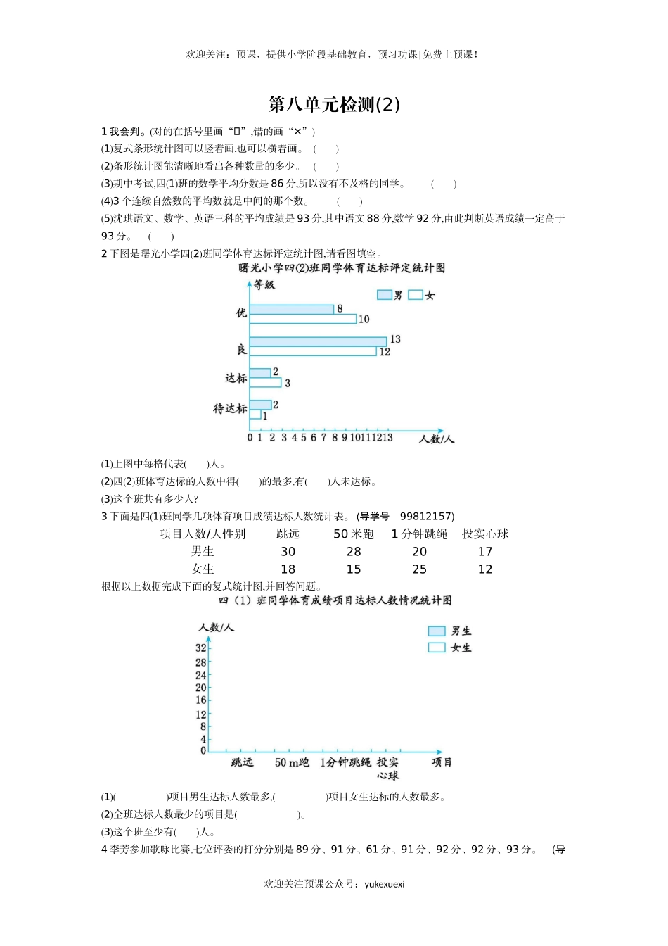 新人教版小学四年级下册数学第八单元《平均数与条形统计图》测试卷免费下载有答案.docx_第1页