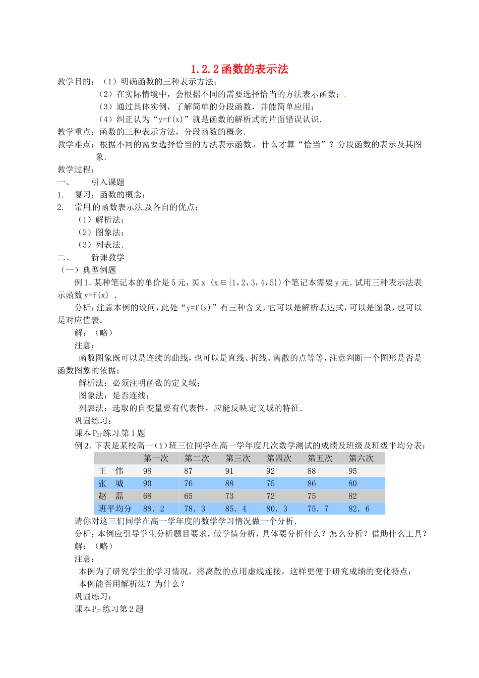 高中数学 1.2.2 函数的表示法教案 新人教A版必修1.doc_第1页