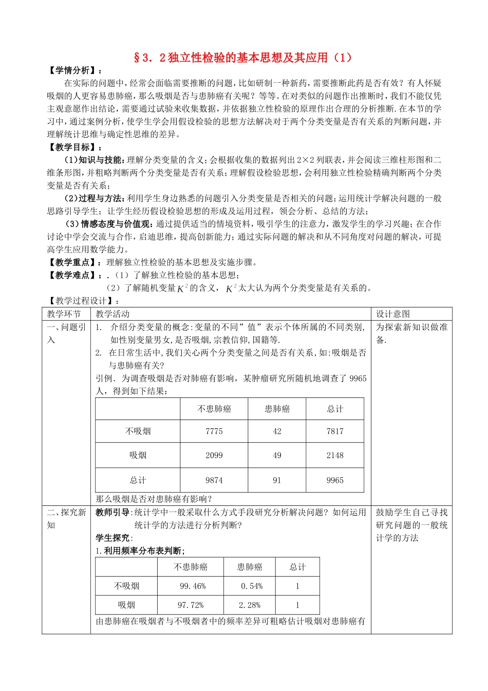 高中数学 3.2独立性检验的基本思想及其应用第1课时教案 新人教版选修2-3.doc_第1页