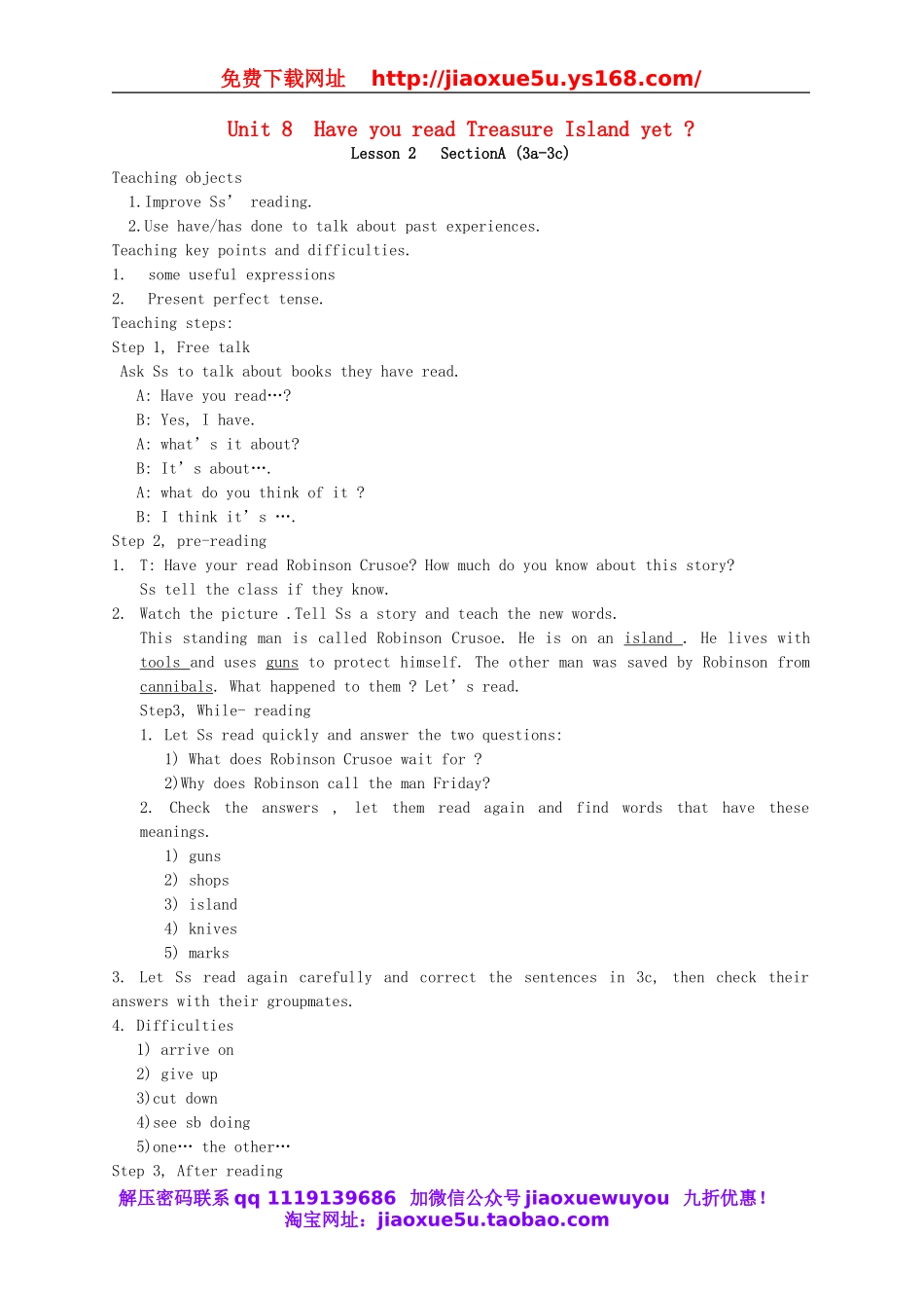 山东省郯城县新村乡中学八年级英语下册 Unit 8 Have you read Treasure Island yet Section A（3a-3c）教案 .doc_第1页