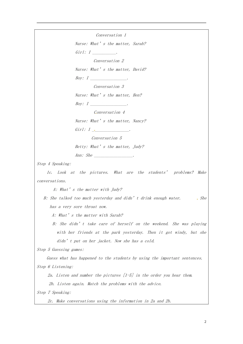 浙江省绍兴县杨汛桥镇中学八年级英语下册 Unit 1 What’s the matter教案1 .doc_第2页