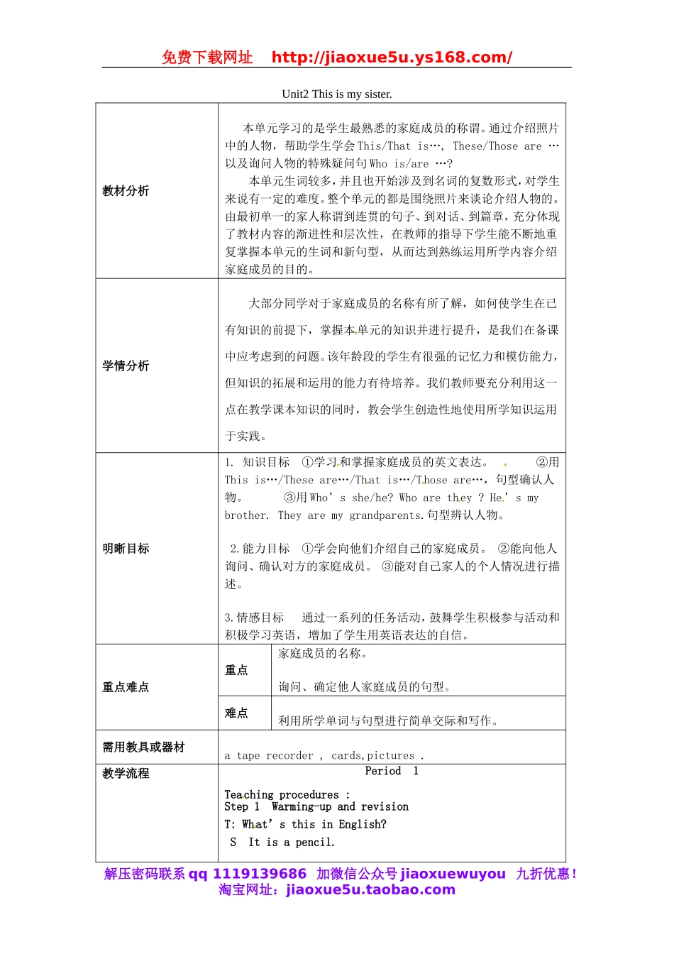 云南省师范大学五华区实验中学七年级英语上册 Unit 2 This is my sister Period 1教案 （新版）人教新目标版.doc_第1页