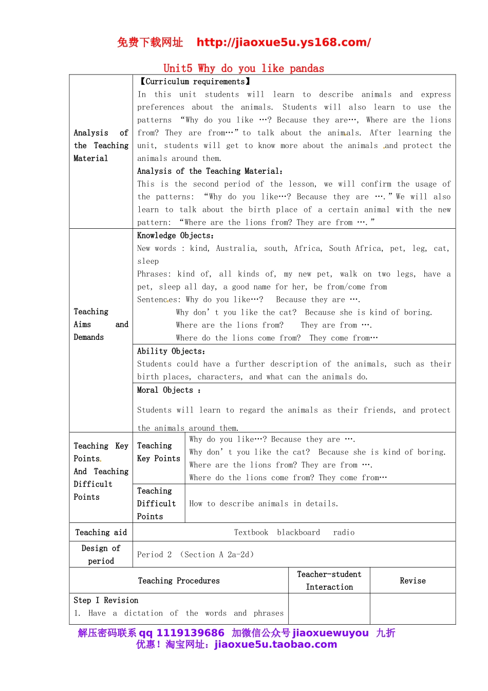 甘肃省武威第十一中学七年级英语下册《Unit 5 Why do you like pandas》教案4 （新版）人教新目标版.doc_第1页