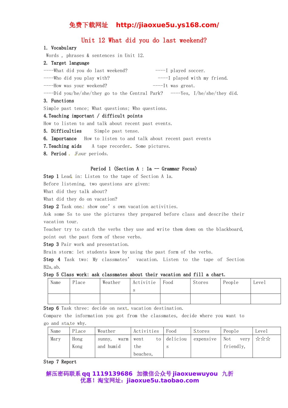 陕西省安康市紫阳县紫阳中学七年级英语下册 Unit 12 What did you do last weekend Period 1教案 （新版）人教新目标版.doc_第1页
