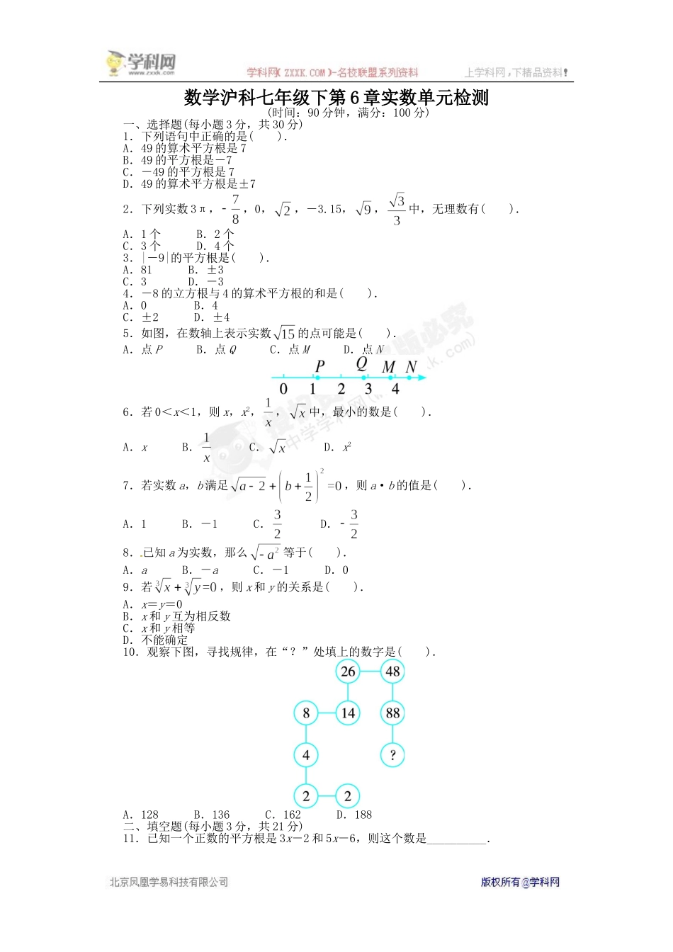 《同步测控全优设计》2013-2014学年沪科版七年级数学下册单元检测：第6章 实数（含答案解析）.doc_第1页