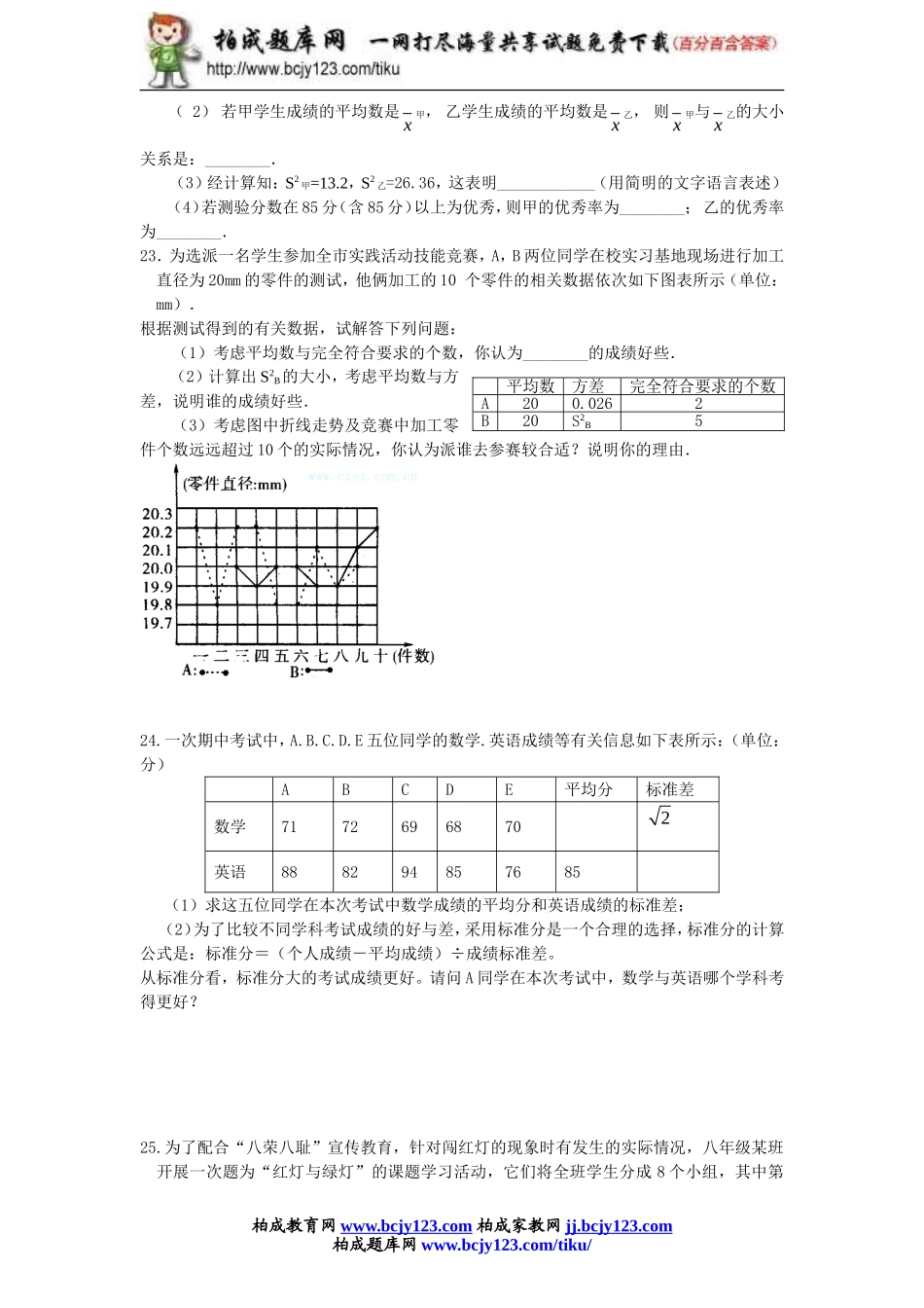 2014年新版新课标人教版八年级数学下册第20章数据的分析同步练习及答案-20.2数据的波动程度（1）.doc_第3页