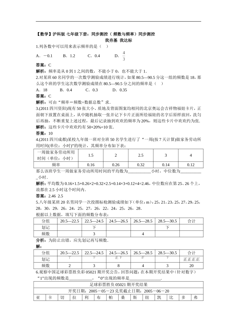 【数学】沪科版 七年级下册：同步测控（ 频数与频率）.doc_第1页