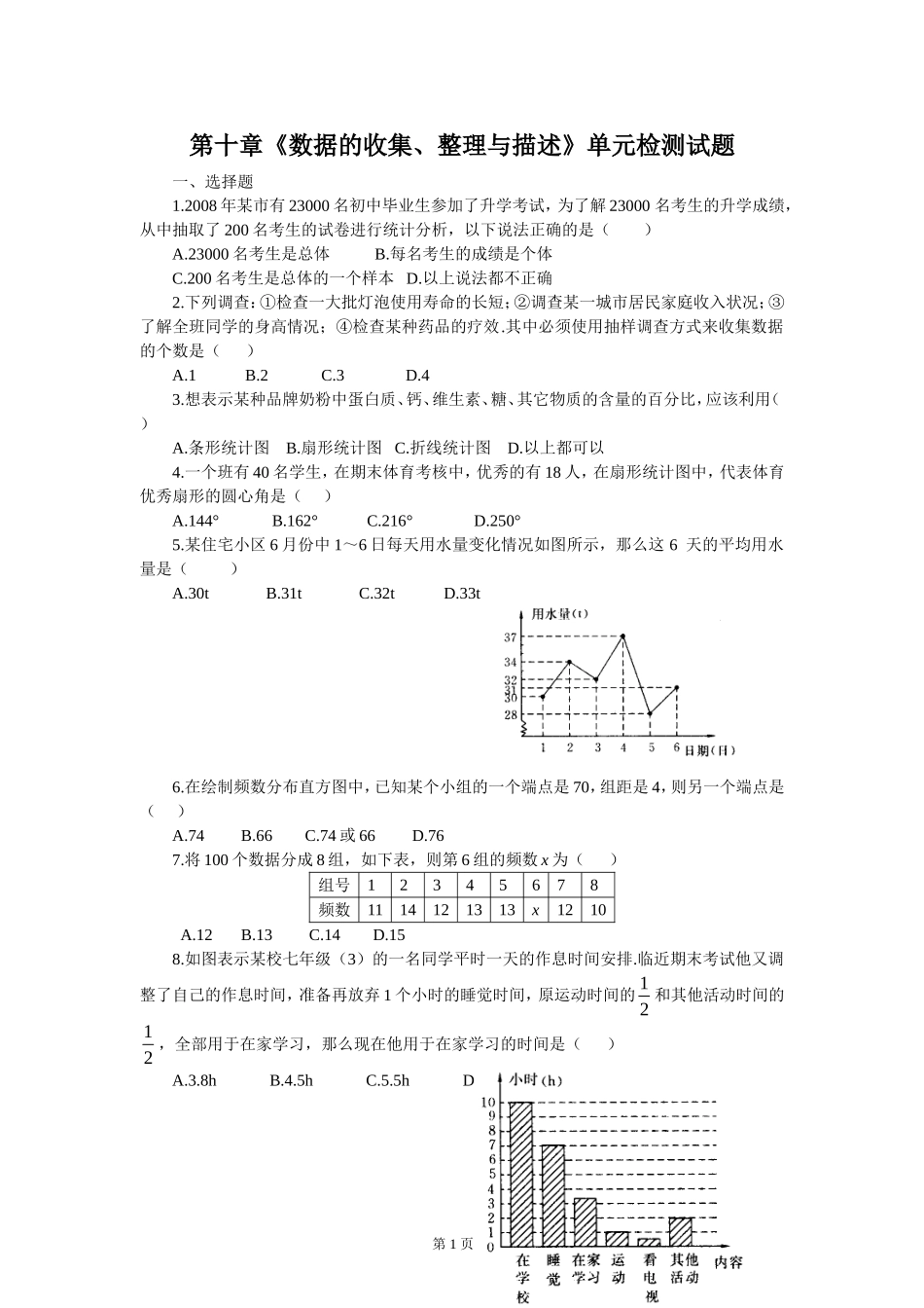 新人教（七下）第十章《数据的收集、整理与描述》水平测试（五）.doc_第1页