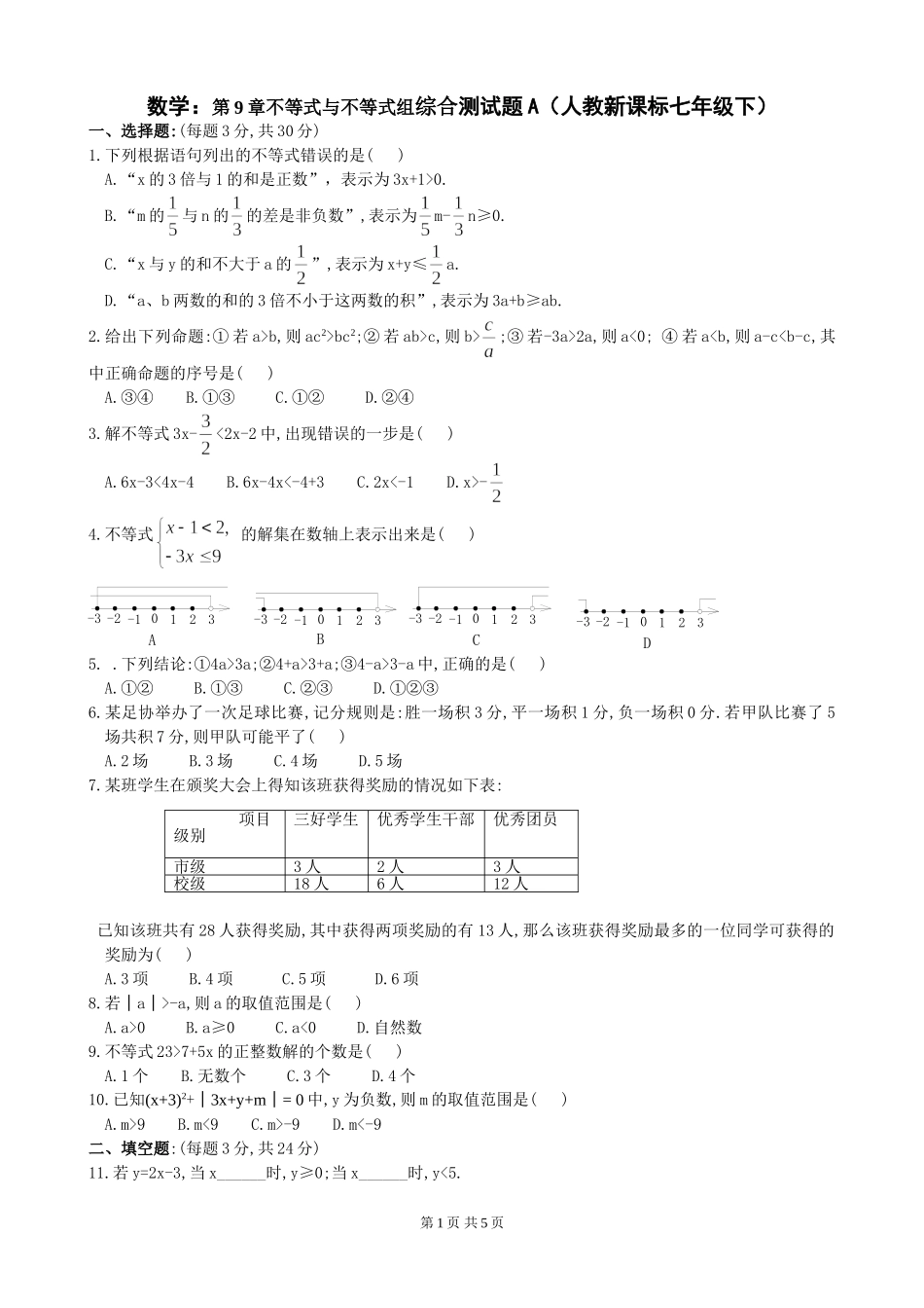 七年级下第九章《不等式与不等式组》单元检测（1）.doc_第1页