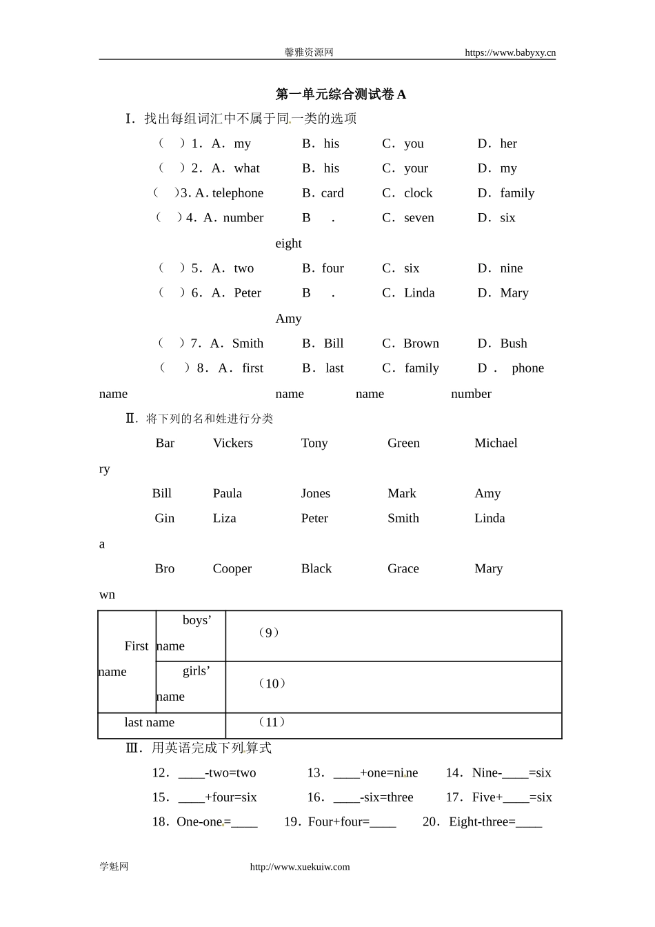 【新人教版英语】七年级上册：Unit 1 My name’s Gina 单元测试（附答案）.doc_第1页