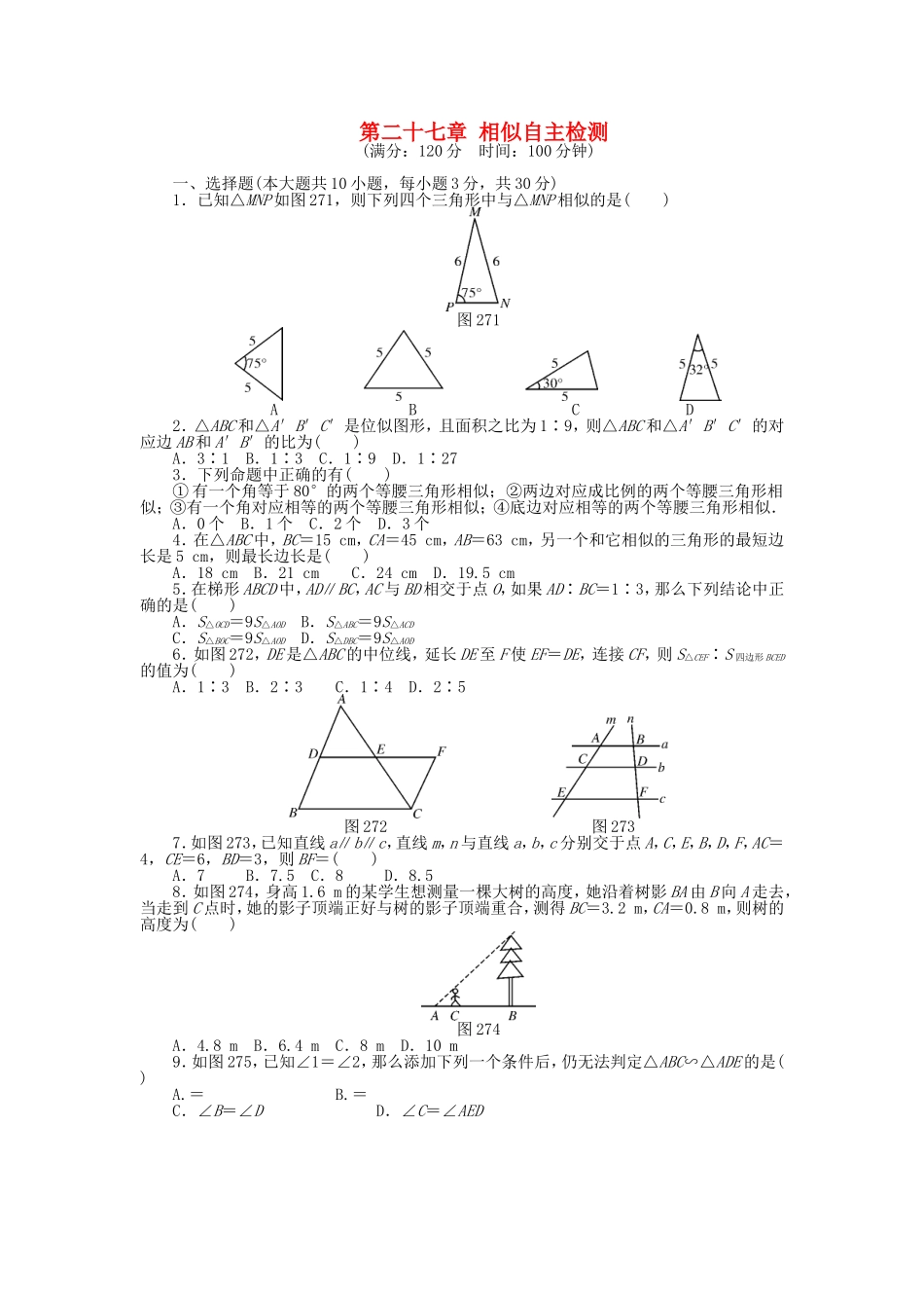 9年级数学下册 第二十七章 相似自主检测 （新版）新人教版.doc_第1页