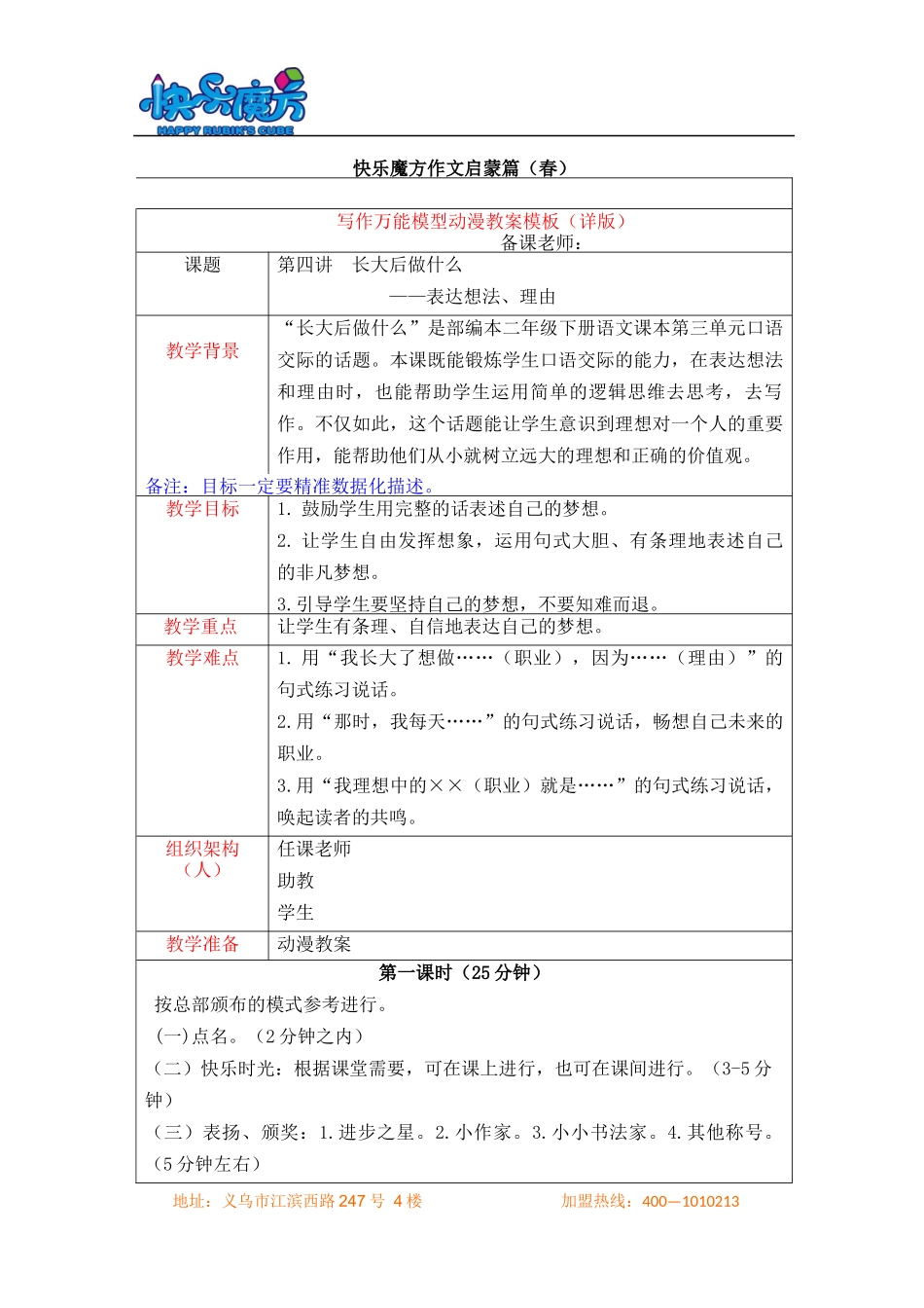 19春快乐魔方作文升级版启蒙篇第4讲：长大后做什么—表达想法、理由（动漫教案）.docx_第1页