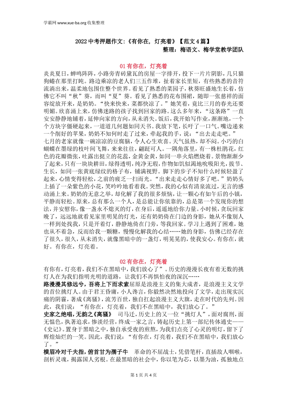 2022中考押题作文《有你在, 灯亮着》【范文4篇】.doc_第1页