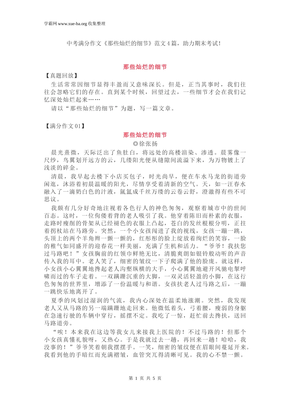 中考满分作文《那些灿烂的细节》范文4篇助力期末考试！.docx_第1页