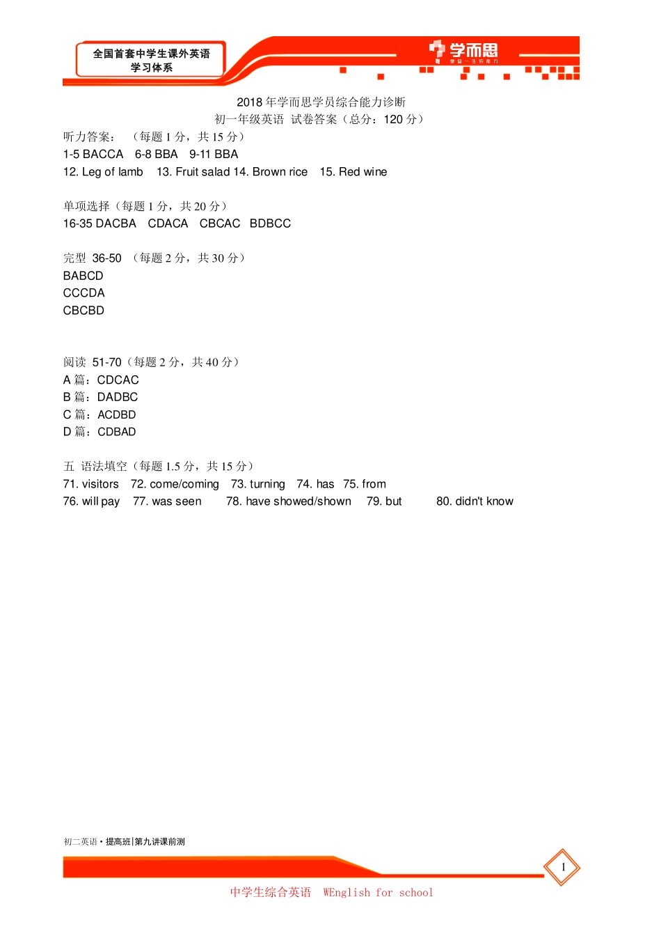 2018年英语学而思学员综合能力诊断 初一年级英语答案.pdf_第1页