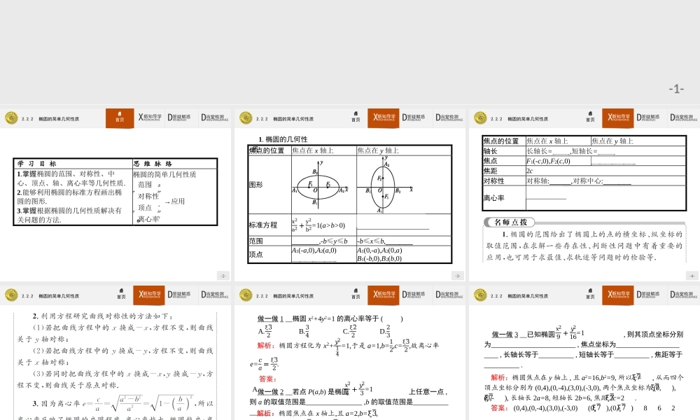 2017年全优指导高中数学人教A版选修2-1课件：2.2.2 椭圆的简单几何性质.ppt