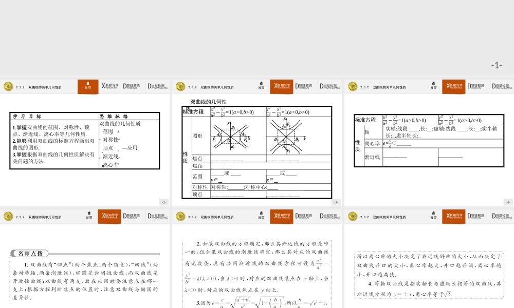2017年全优指导高中数学人教A版选修2-1课件：2.3.2 双曲线的简单几何性质.ppt