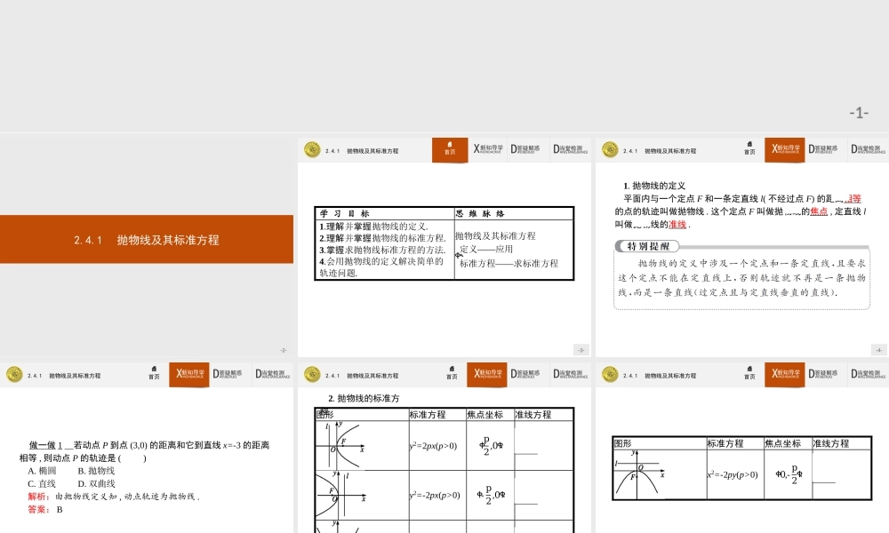 2017年全优指导高中数学人教A版选修2-1课件：2.4.1 抛物线及其标准方程.ppt