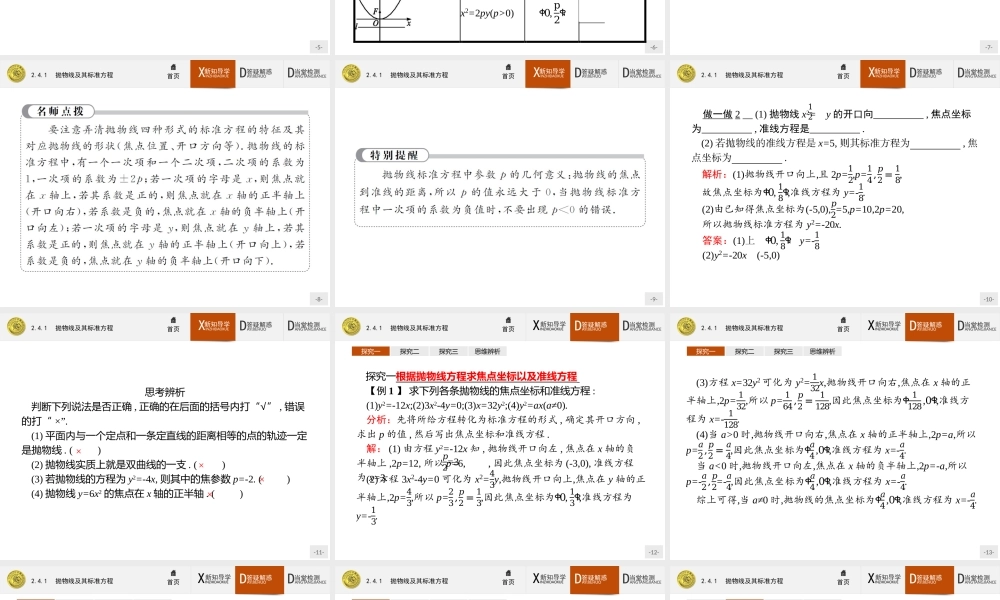 2017年全优指导高中数学人教A版选修2-1课件：2.4.1 抛物线及其标准方程.ppt