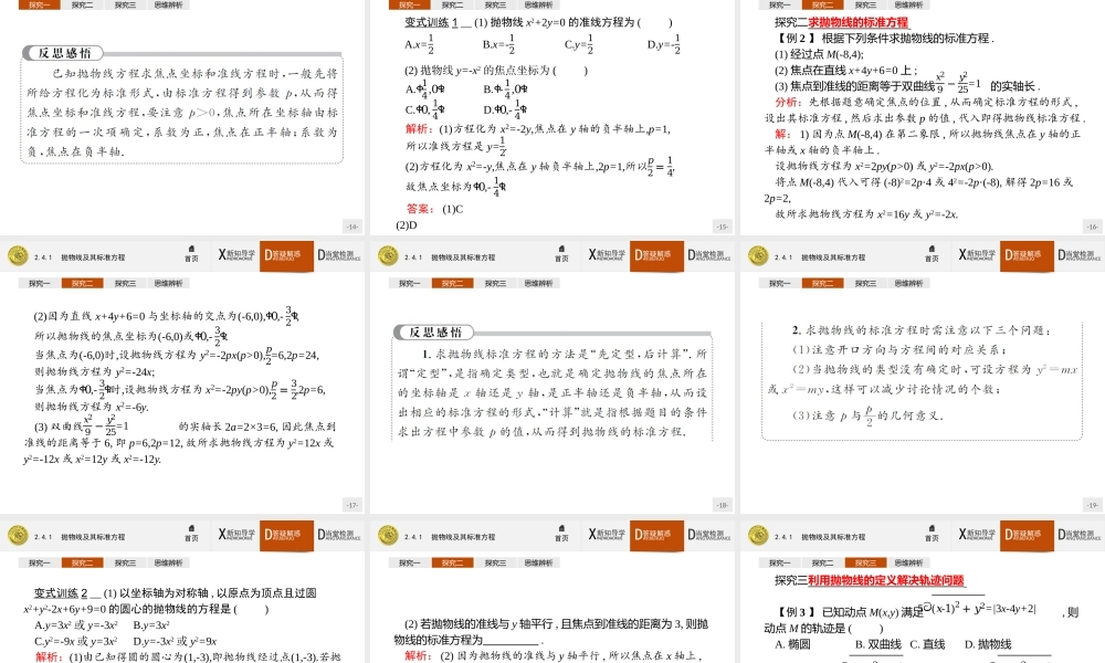2017年全优指导高中数学人教A版选修2-1课件：2.4.1 抛物线及其标准方程.ppt
