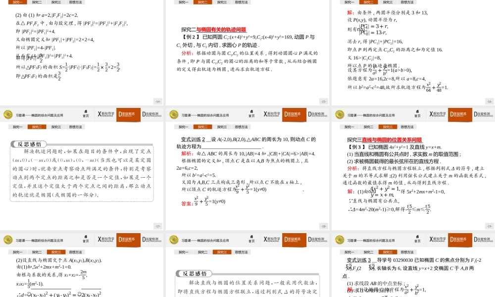 2017年全优指导高中数学人教A版选修2-1课件：2习题课1 椭圆的综合问题及应用.ppt