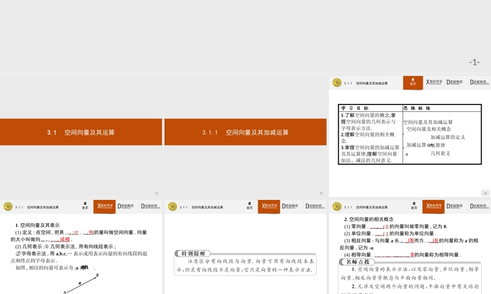 2017年全优指导高中数学人教A版选修2-1课件：3.1.1 空间向量及其加减运算.ppt