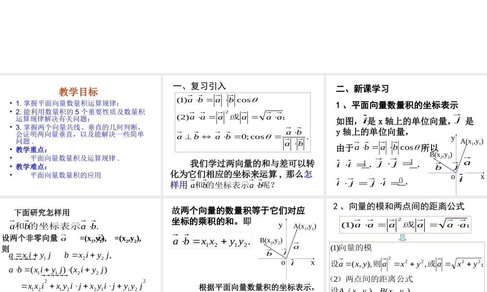 【数学】2．4．2《平面向量数量积的坐标表示、模、夹角》PPT课件（新人教A版必修4）.ppt