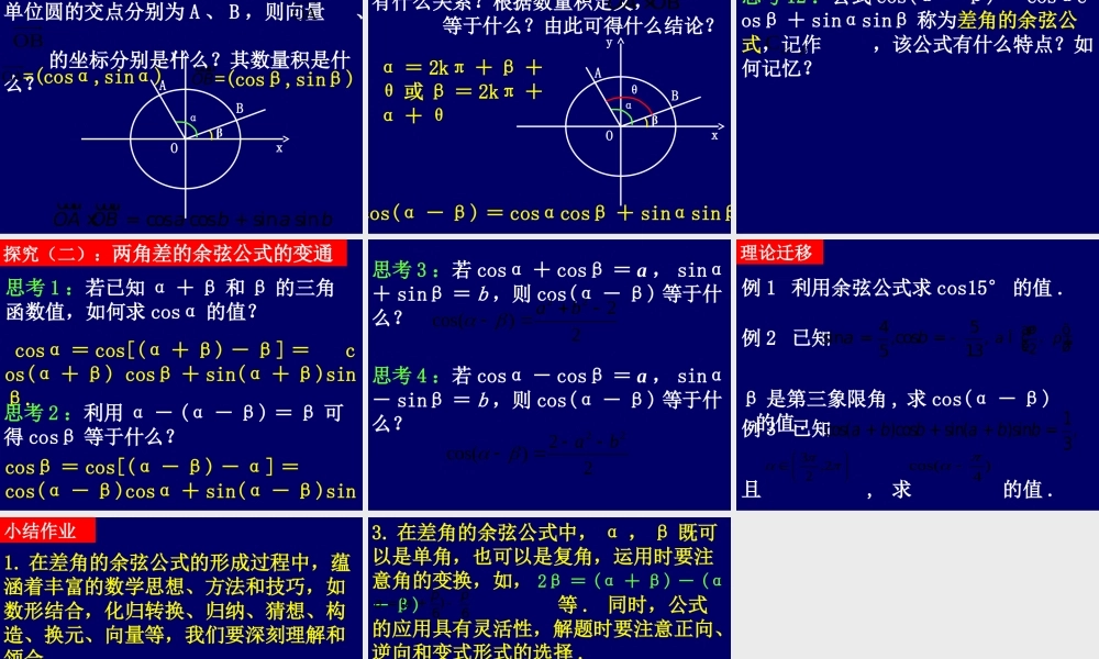 【数学】3.1.1《两角差的余弦公式》课件（新人教A版必修4）.ppt