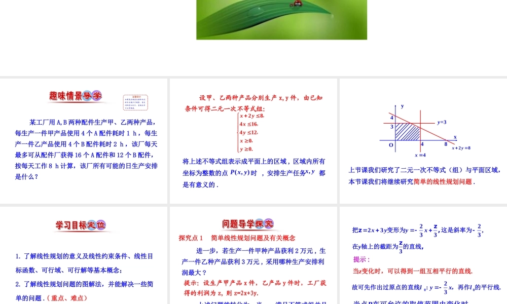 人教版高中数学必修五同课异构课件：3.3.2 简单的线性规划问题 第1课时 简单的线性规划问题 情境互动课型 .ppt