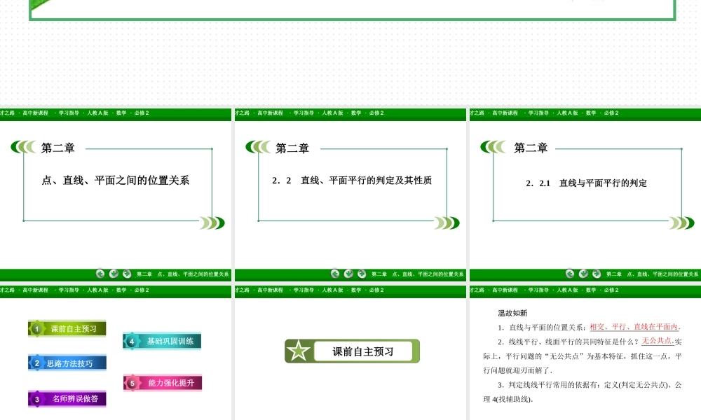 高一数学（人教A版）必修2课件：2-2-1 直线与平面平行的判定.ppt