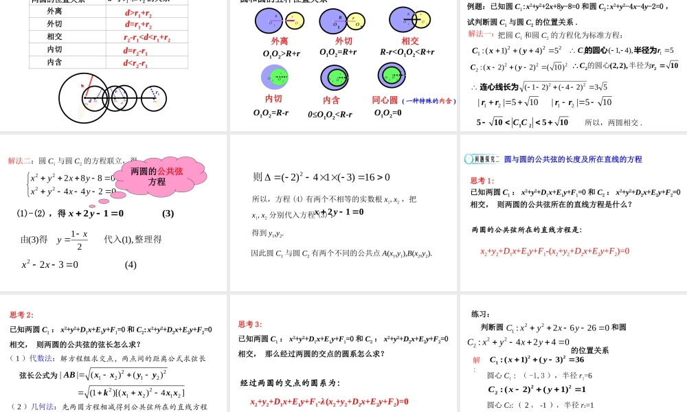 高中数学人教a版必修二课件：4.2.2《圆与圆的位置关系》 .ppt