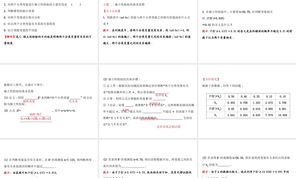 高中数学人教版选修1-2同课异构教学课件：1.2 独立性检验的基本思想及其初步应用 探究导学课型.ppt