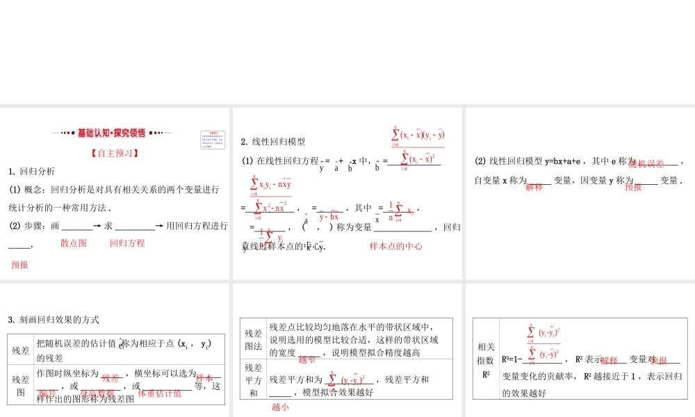 高中数学人教版选修1-2同课异构教学课件：1.1 回归分析的基本思想及其初步应用 精讲优练课型.ppt