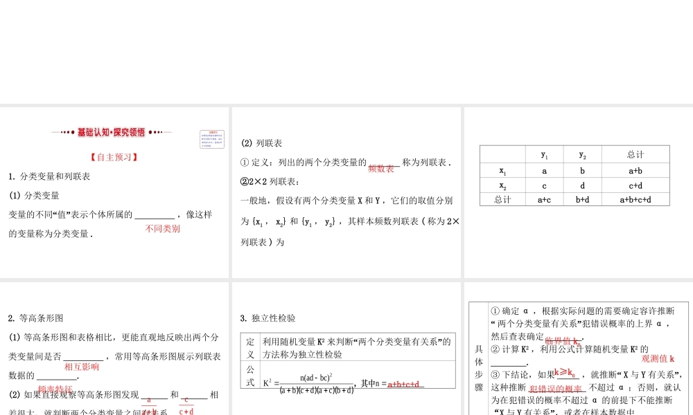 高中数学人教版选修1-2同课异构教学课件：1.2 独立性检验的基本思想及其初步应用 精讲优练课型.ppt