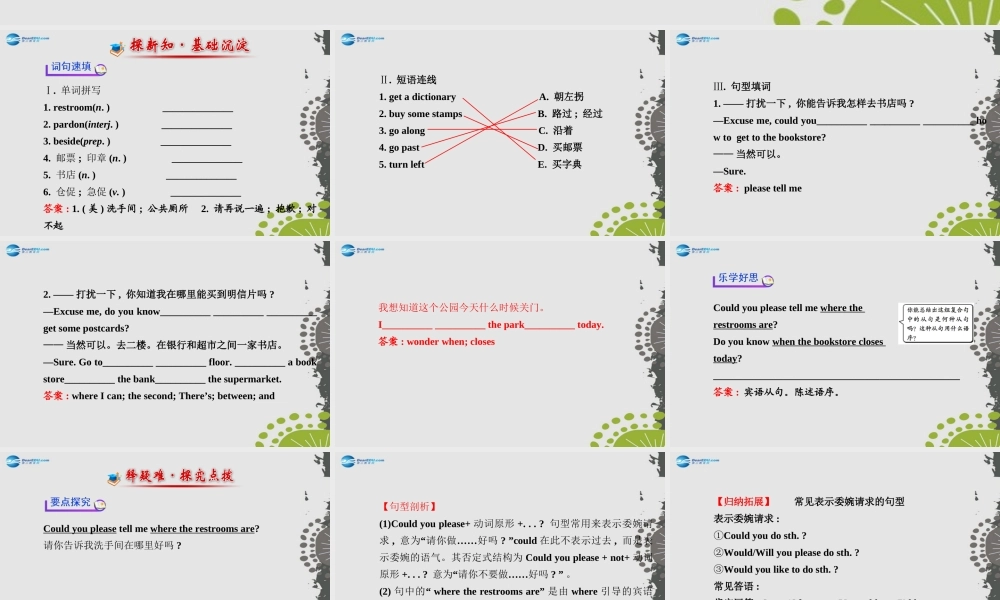 【世纪金榜】九年级英语全册 Unit 3 Could you please tell me where the restrooms are？Section A（1a—2d）课件 （新版）人教新目标版.ppt