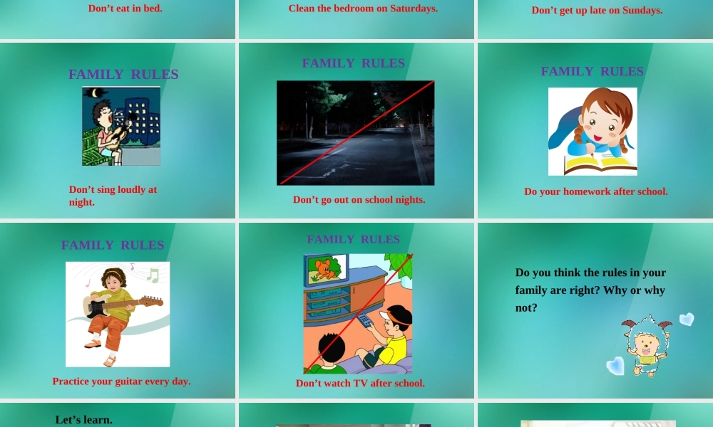 【名师精品】1 Unit 4 Don’t eat in class（Section B 3a-Self Check）课件.ppt