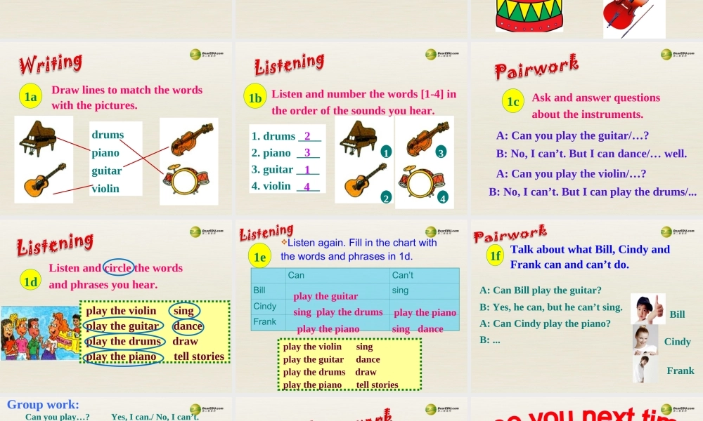 【名师精品】3 Unit 1 Can you play the guitar（第四课时）课件.ppt