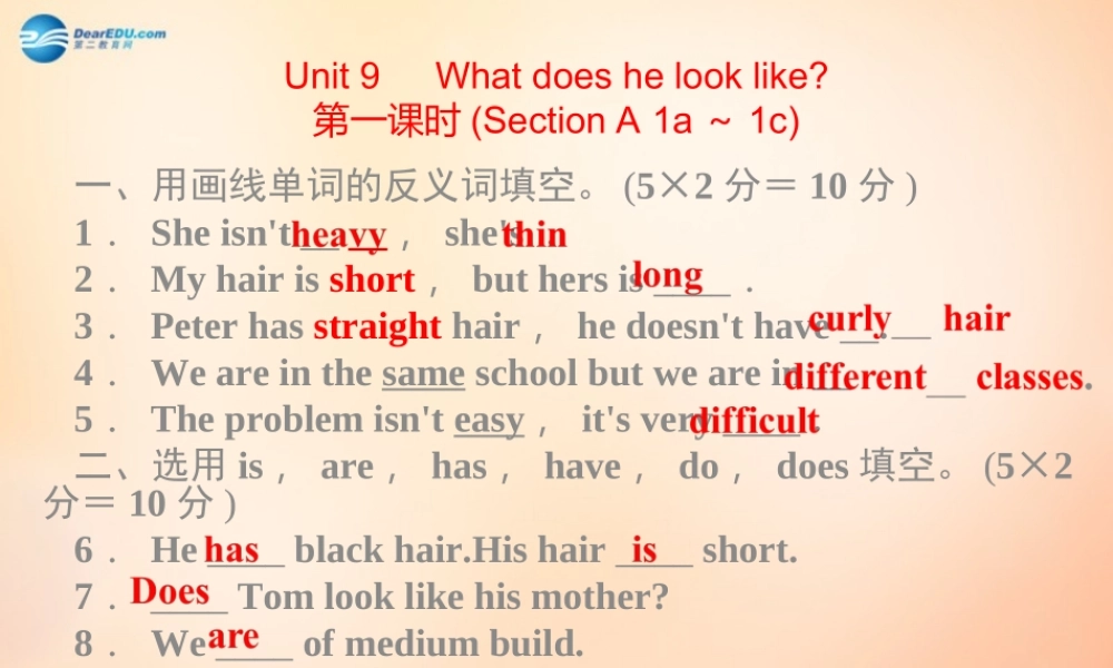 【名师精品】5 Unit 9 What does he look like课件.ppt