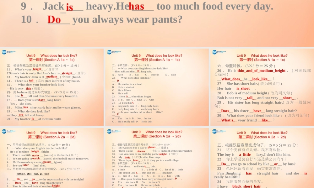 【名师精品】5 Unit 9 What does he look like课件.ppt