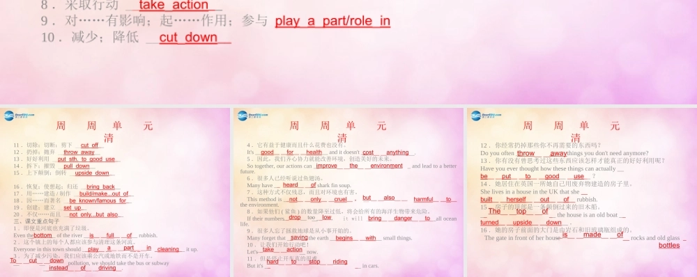 【四清导航】九年级英语全册 Unit 13 We are trying to save the earth单元周周清课件.ppt