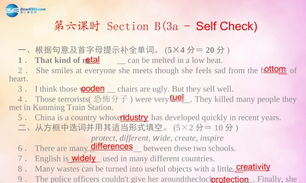 【四清导航】九年级英语全册 Unit 13 We are trying to save the earth第六课时课件.ppt