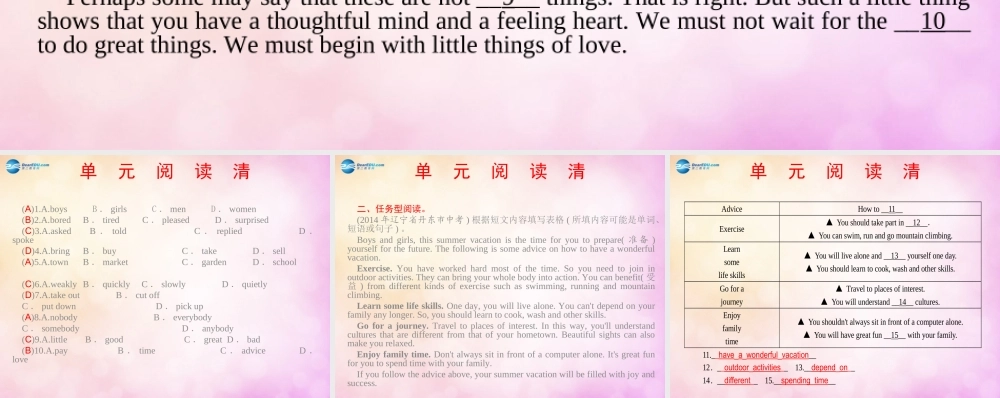 【四清导航】九年级英语全册 Unit 14 I remember meeting all of you in Grade单元阅读清课件.ppt