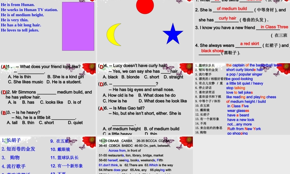 【浙江省】 《Unit 9 What does he look like？Lesson 3》课件.ppt