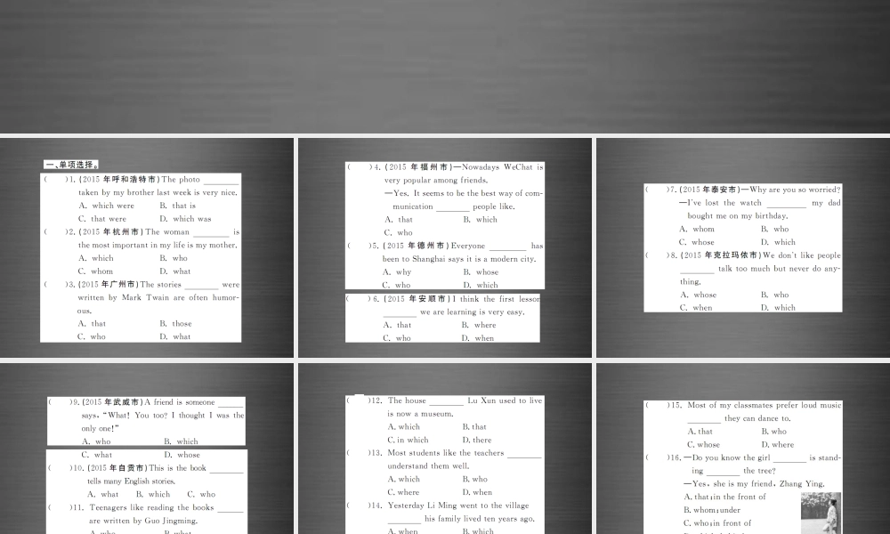 【课堂内外】九年级英语全册 专题复习（二）易混易错点专练 定语从句课件.ppt