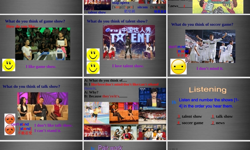 云南省石林县鹿阜中学八年级英语上册 Unit 5 Do you want to watch a game show Section A（1a-1c）课件2.ppt
