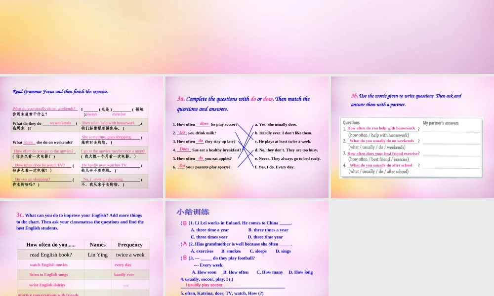 八年级英语上册 Unit 2 How often do you exercise Section A（Grammar focus-3c）课件.ppt